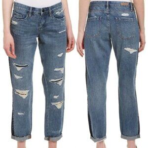 BLANK NYC BLANKNYC Patchwork Distressed Side Striped Crop Girlfriend Jeans Boho